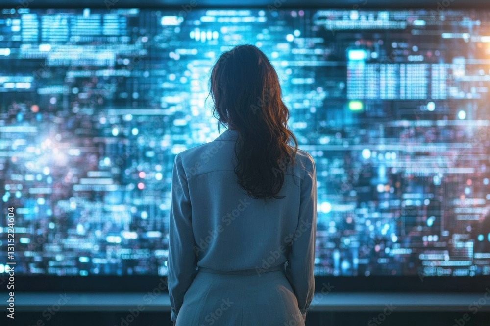 Poster a woman stands before a large screen displaying complex data streams, representing modern technology