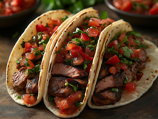 Delicious grilled steak tacos topped with fresh pico de gallo, offering a savory, vibrant, and flavorful bite in every taco.