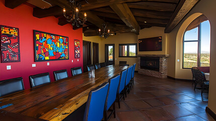 Rustic dining room with long wooden table, vibrant artwork, fireplace, and scenic views; perfect for hospitality marketing