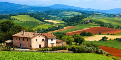 Fototapeta premium Italian Countryside Farmhouse with Rolling Hills