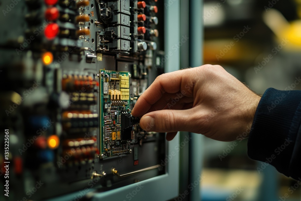 Poster a technician carefully installs a circuit board into complex machinery, showcasing intricate electro