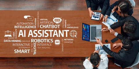 A dynamic office meeting showcasing a diverse team engaged in AI strategy discussions, focusing on data mining, robotics, and chatbot innovations for business growth. Amity