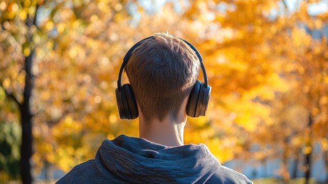 Rear view of a young man wearing headphones, enjoying autumn nature.
