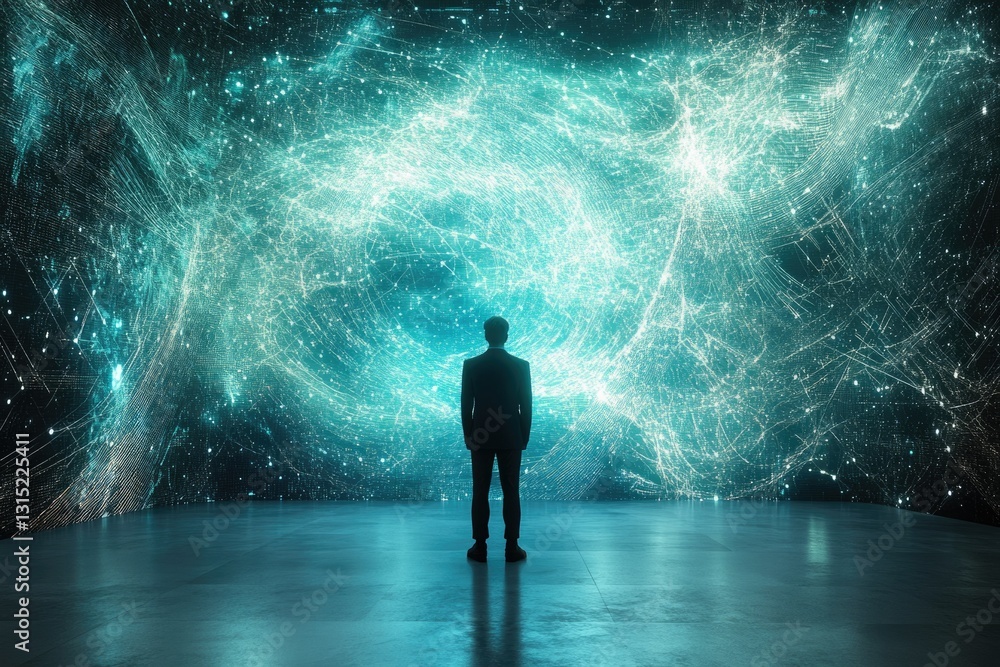 Poster A man in a suit stands before a large screen displaying a complex network of interconnected nodes, symbolizing the vastness of data and digital connections.