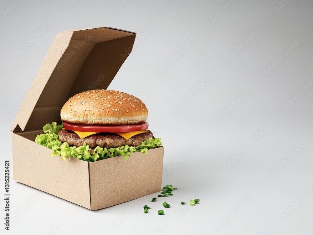 Poster a delicious hamburger neatly placed inside an open box positioned on a table with focus on its juicy