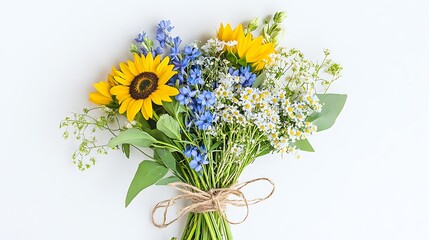 Realistic rustic bouquet featuring sunflowers, blue delphiniums, and queen anne&rsquo;s lace, tied with a simple twine bow, on a white background