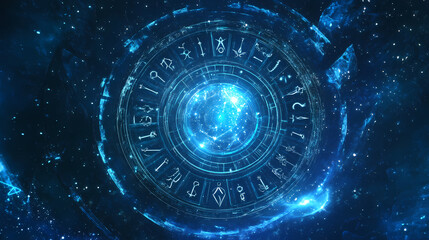 Astrological composition with zodiac circle in signs and symbols. Arcane - Portal. Illustration