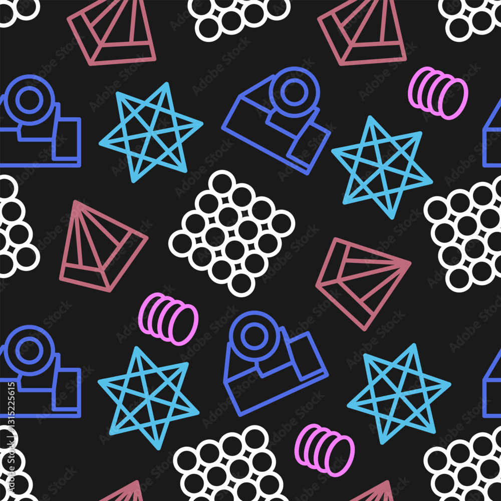 Fototapete seamless pattern with randomly placed multicolored geometric objects on a black background. vector i