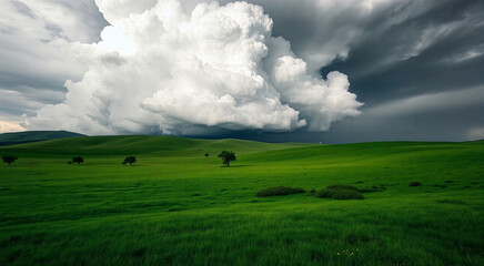 Serene landscape with green hills under dramatic clouds. A lone tree stands amidst the picturesque rolling hills.