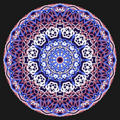 Openwork mandala in blue-white-pink palette. Black background. Vector illustration