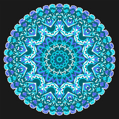 Openwork mandala in blue-white-green palette. Black background. Vector illustration