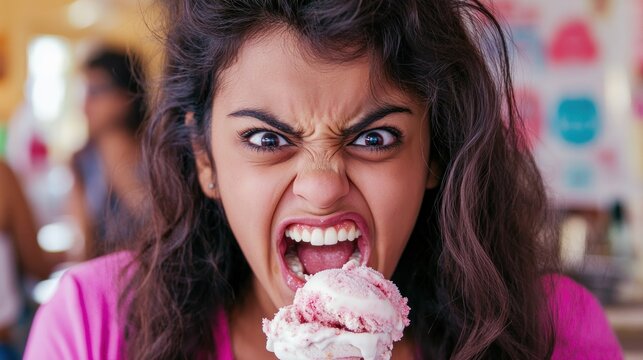 Woman ravenously devouring delicious ice cream