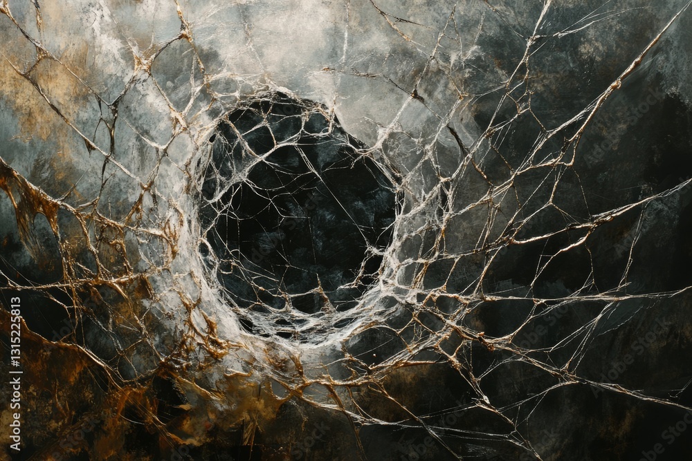 Poster this captivating artwork features a dark web-like structure with intricate cracks, creating a haunti