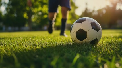 Fototapeta premium Soccer ball on grass with player in background.