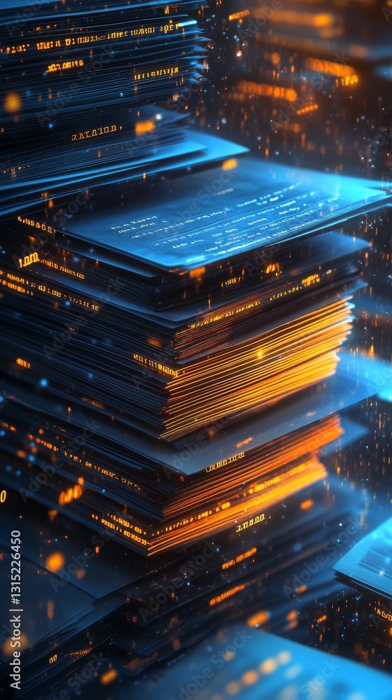 Poster vibrant digital stacks display a blend of glowing elements and abstract textures, symbolizing inform