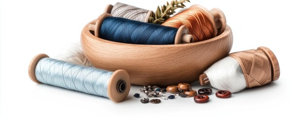 Wooden bowl with assorted spools of thread and buttons neatly arranged, showcasing sewing supplies on a white backdrop