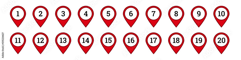 Poster collection of red map location pins numbered one to twenty, ideal for navigation or map design.