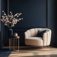 The interior image highlights a beige chair and a vase with flowers