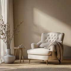 A comfortable chair sitting in a well lit living room