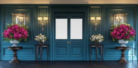 Two blank frames on a teal wall, mock-up movie posters displayed, empty billboards for advertising, presenting digital designs, "Cinema Now" movie posters in a theater