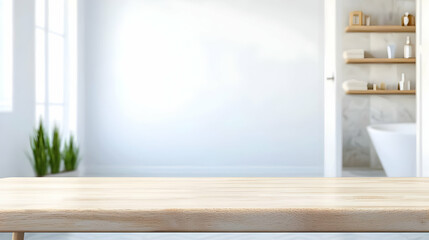 Fototapeta premium Empty Wooden Table In Bright Modern Minimalist White Bathroom Interior With Natural Light From Window Perfect For Product Placement