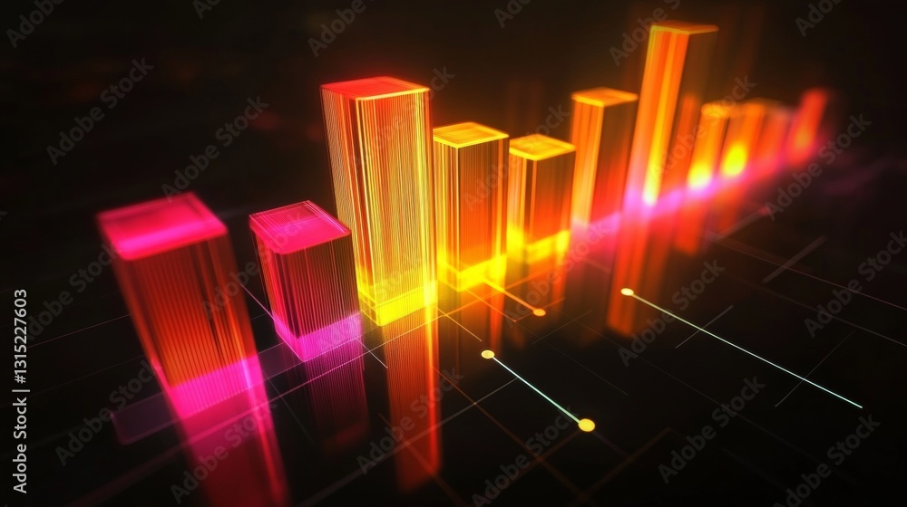Poster colorful data visualization of bar graphs with neon gradient patterns and dynamic lighting effects