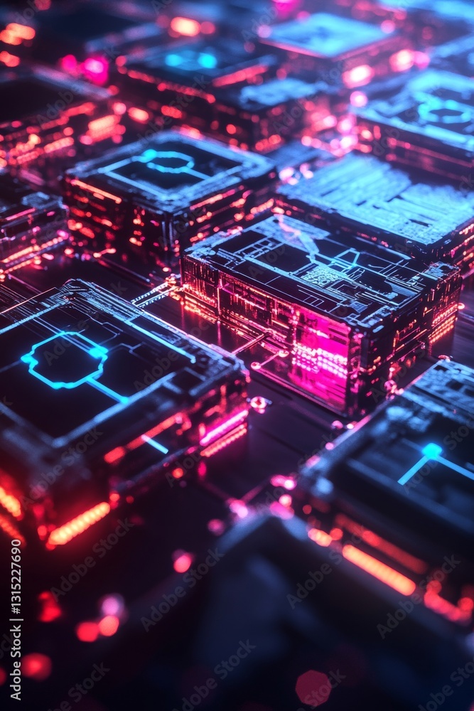 Poster futuristic digital abstract with glowing neon circuits and patterned microchips in 3d grid