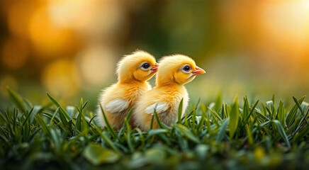 Two young fluffy chicks standing in a lush green grassy field. The adorable chicks are alert and attentive, with bright eyes and soft feathers.