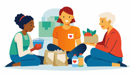 A volunteer coordinator at the food bank takes the time to sit and chat with clients offering a listening ear and a compassionate heart.. Vector illustration