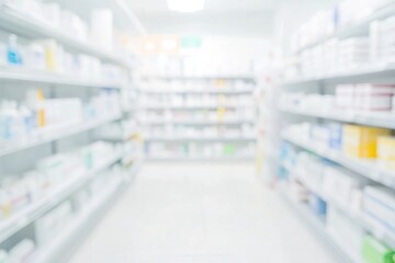 blurred Bright and organized medical supply store interior with pharmaceutical products
