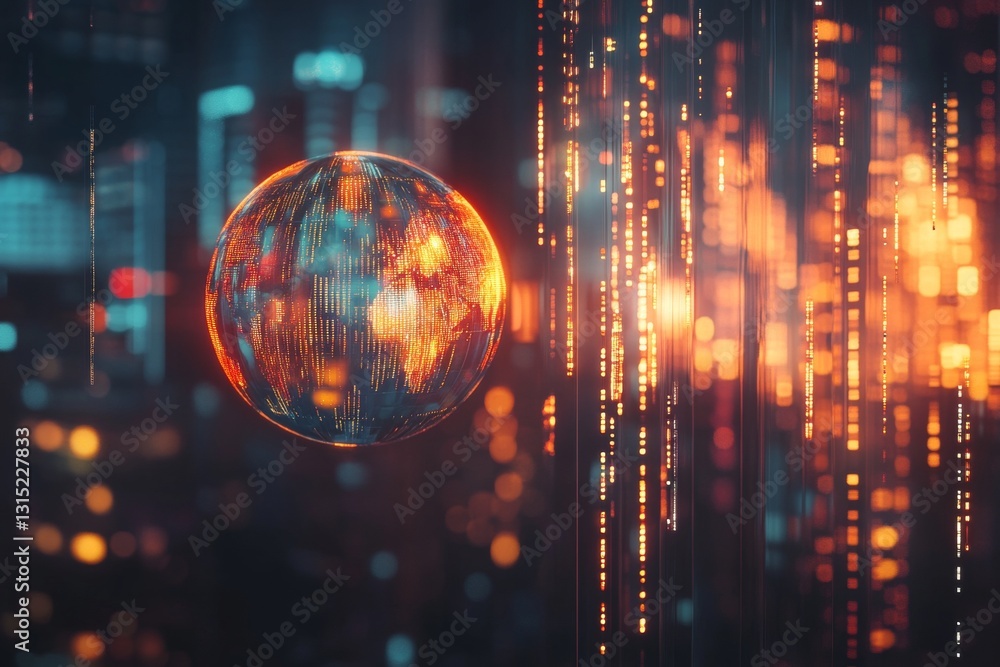 Poster abstract digital visualization of a glowing globe surrounded by data streams in a modern city