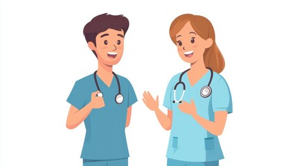 Fototapeta premium A nurse with a stethoscope around her neck, talking to a patient and offering reassurance on a white isolated background