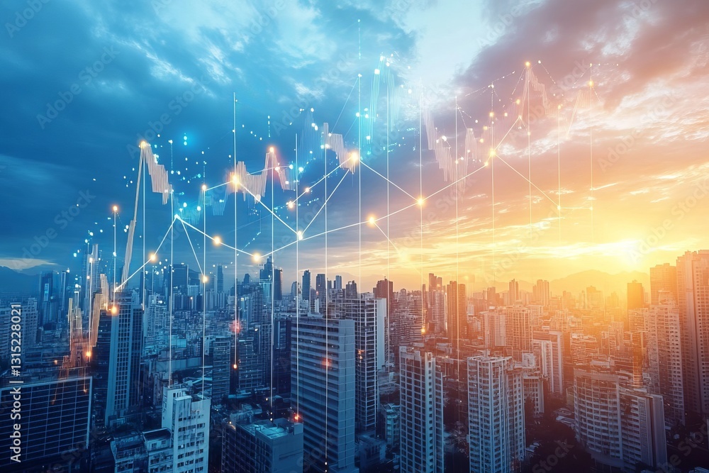 Poster a stunning city skyline illuminated by the warm glow of sunset, overlaid with a dynamic data visuali