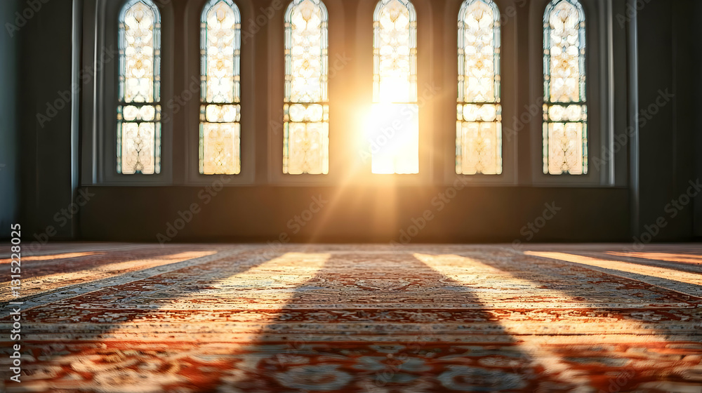 Poster interior view of a mosque with sunlight shining through windows and carpet with geometric patterns i