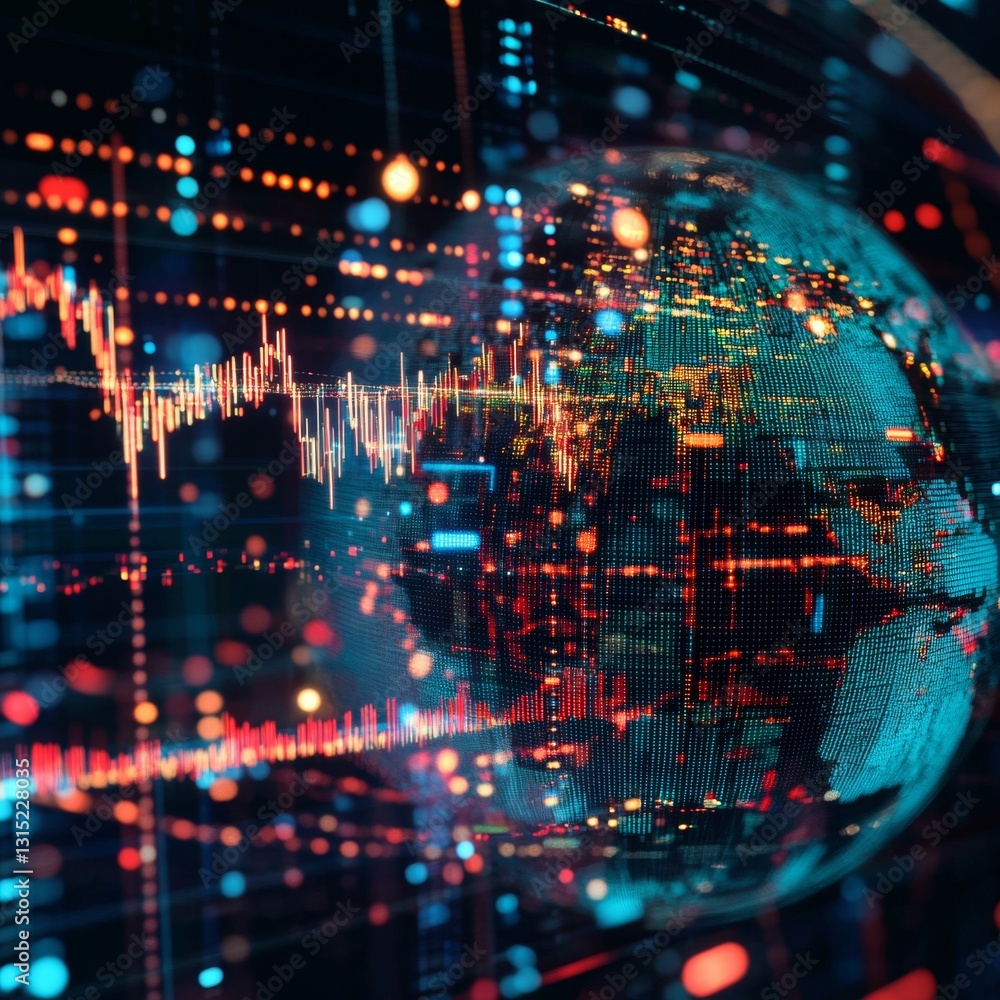 Poster futuristic data visualization with globe and digital graphs representing global connectivity