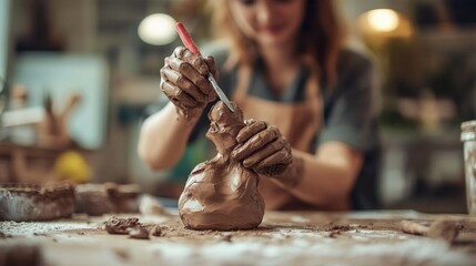Obraz premium Woman's hands shaping wet clay on a pottery wheel.