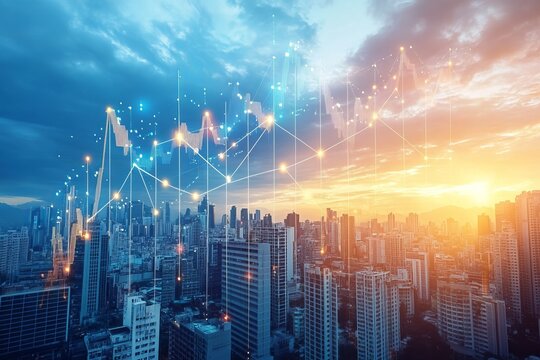 A stunning city skyline illuminated by the warm glow of sunset, overlaid with a dynamic data visualization graphic representing growth and progress in business and technology.