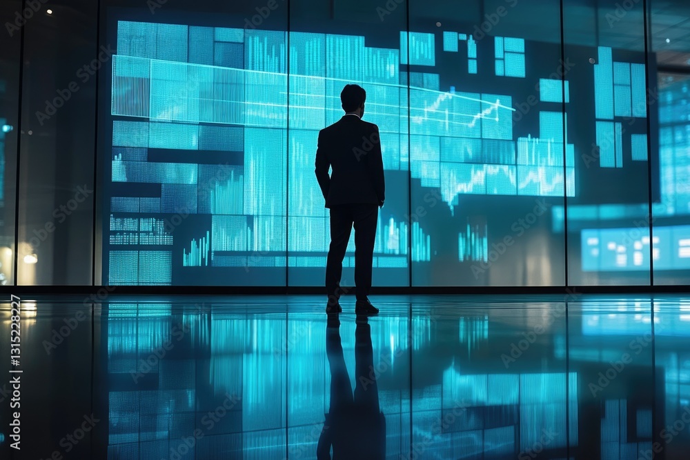 Aufkleber a businessman stands silhouetted against a large screen displaying dynamic financial data and market