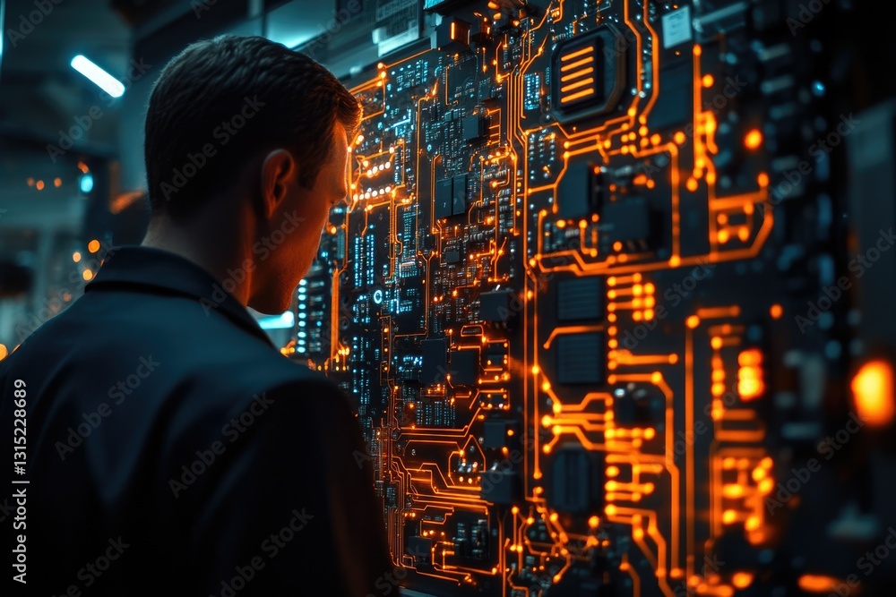 Poster a man examines a complex, glowing circuit board, representing technological innovation and digital i