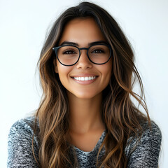 Obraz premium Smiling Young Brunette Woman in Glasses – Confident & Casual Portrait Photography