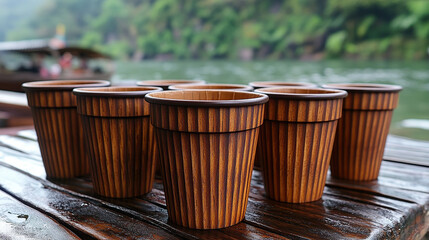 Naklejka premium Wooden cups lined up on a wet wooden surface, by a river