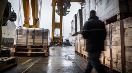 Fototapeta premium Worker walking past cargo pallets at a port.