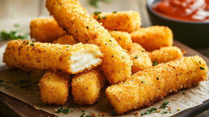 Mozzarella sticks made in an air fryer, golden and crispy, with a cheesy interior that melts in your mouth, providing a healthy snack option.