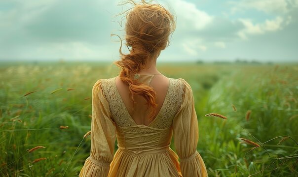 Woman walking in green windy field with tall grass wearing long dress