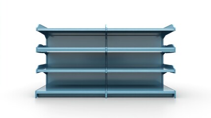 Empty light blue retail shelves isolated on white.