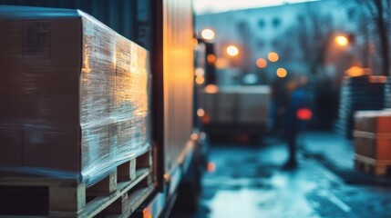 A pallet of shrink-wrapped boxes on a truck at dusk.