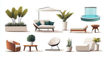 Fototapeta premium Outdoor furniture, plants, and spa elements collection.