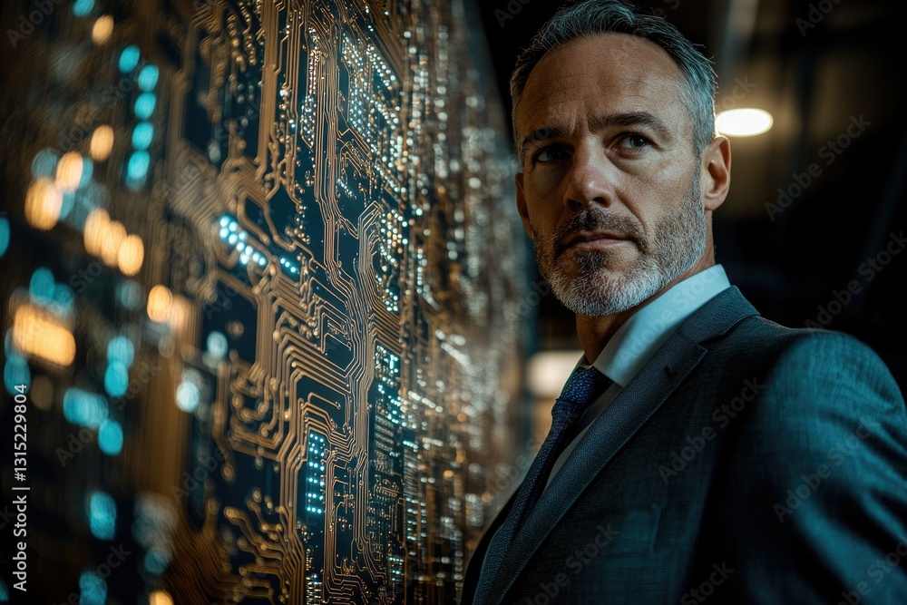 Aufkleber a businessman contemplates a complex circuit board, symbolizing technological advancement and innova