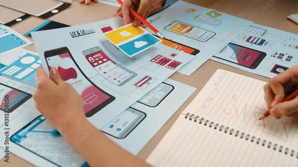 Poster panorama video of startup ux developer or company employee design user interface or ui prototype for