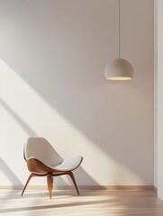 A minimal interior showing a chair and a hanging lamp
